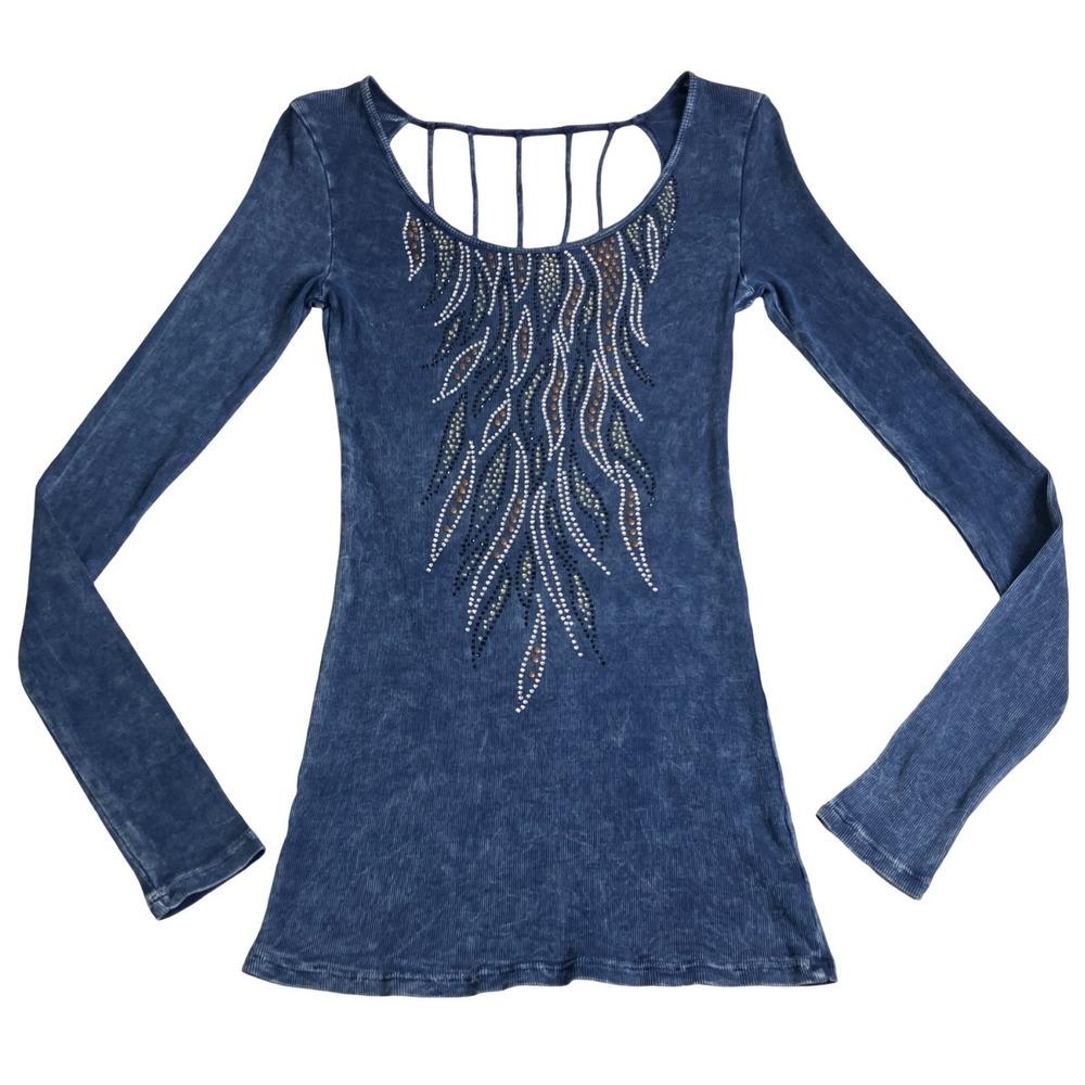 Vintage Y2K T Party Top Womens M Blue Rhinestone Studded Cage Back Mineral Wash
